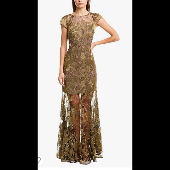 4X “HOST PICK” Halston Metallic Embroidered Lace Cap-Sleeve Gown - Picture 1 of 12